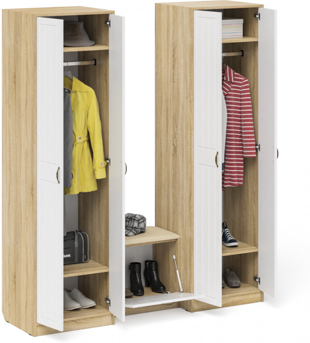 Прихожая П-6 Компоновка № 07, цвет дуб сонома/фасады МДФ белое дерево фрезеровка прованс, ШхГхВ 180х50х210 см., универсальная сборка