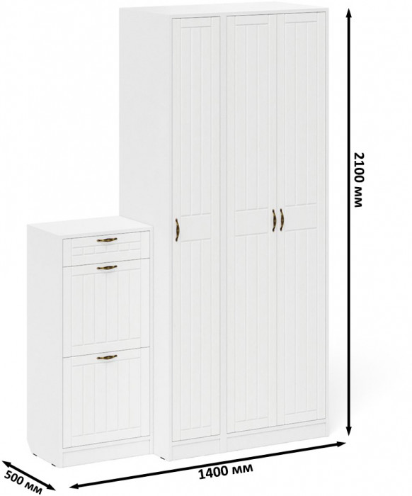 Прихожая П-6 Компоновка № 48, цвет белая шагрень/фасады МДФ белое дерево фрезеровка прованс, ШхГхВ 140х50х210 см., универсальная сборка