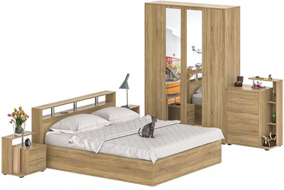 Камелия спальня № 4 Кровать 1800 + Две тумбы + Комод + Шкаф 4-х створчатый, дуб сонома