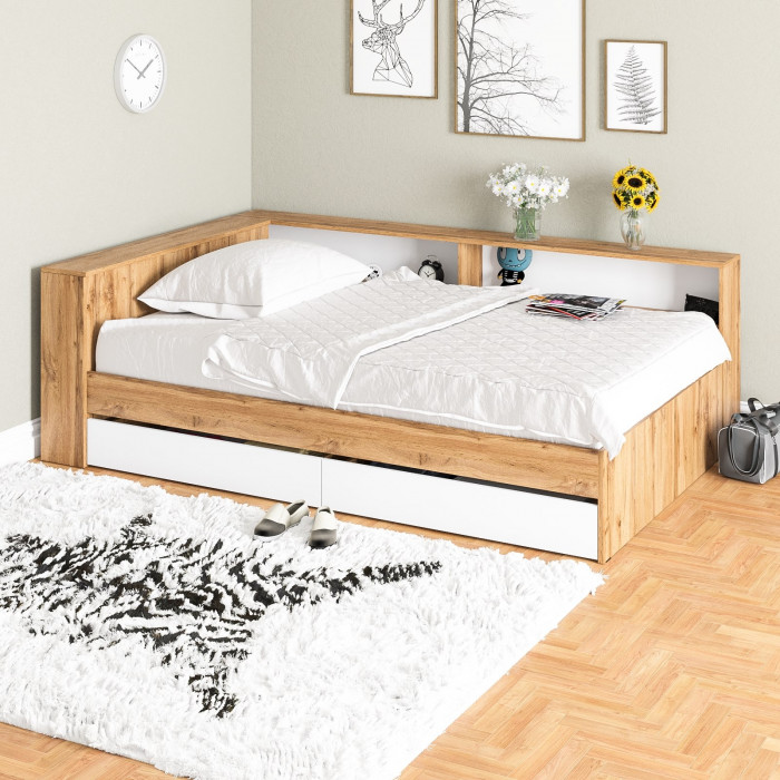Ксения Кровать с ящиками 1200 + прикроватный блок, дуб вотан/белый
