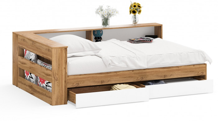 Ксения Кровать с ящиками 1200 + прикроватный блок, дуб вотан/белый