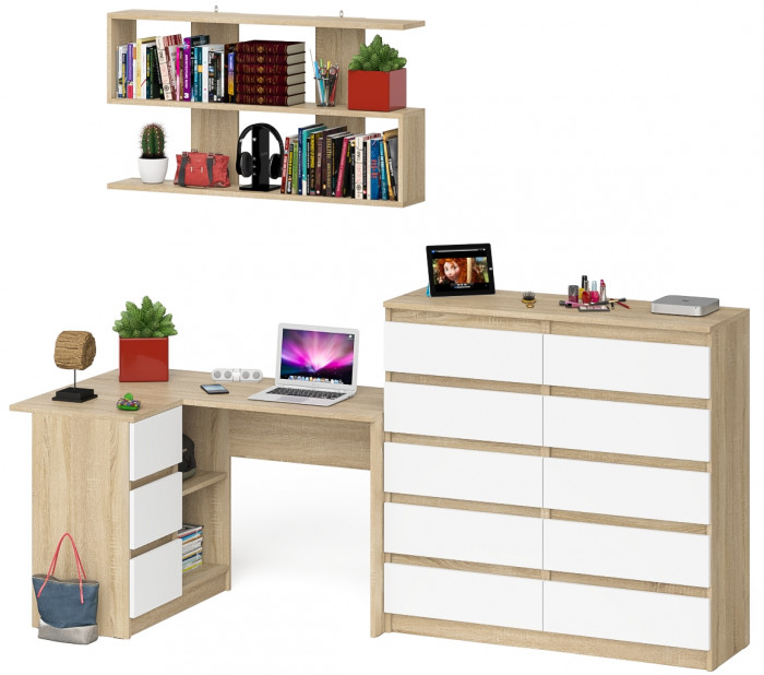 Мори компьютерный стол МС-16 левый + Комод МК1200.10 + Полка 1200, дуб сонома/белый