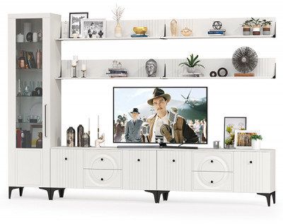 Валенсия Гостиная № 081, цвет ЛДСП белый шагрень/МДФ белый шагрень, ШхГхВ 321,2х38,3х225,2 см., универсальная сборка