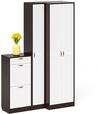 Прихожая П-6 Компоновка № 28, цвет венге/фасады МДФ белое дерево фрезеровка ромб, ШхГхВ 140х50х210 см., универсальная сборка