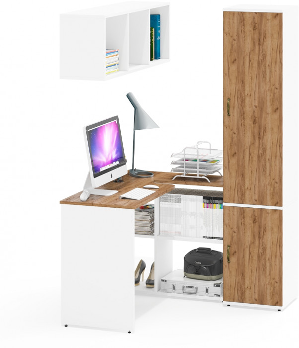 Лидер-8 Стол + Полка + Пенал МД 21Б, белый шагрень/крафт золото