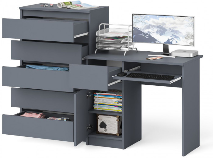Мори Стол компьютерный МС-1 левый + Комод МК700.5, цвет графит, ШхГхВ 160,4х50х114 см., выдвижной ящик слева, НЕ универсальная сборка