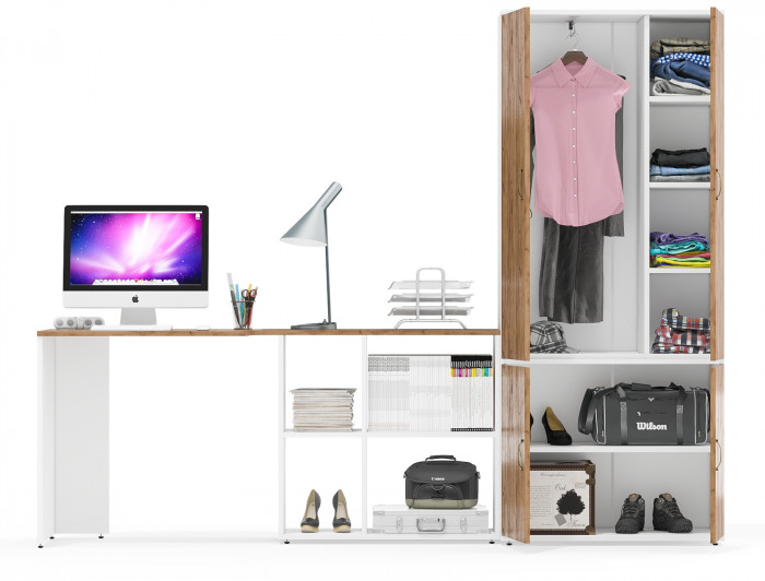 Лидер-8 Стол + Шкаф МД 20Б, цвет белый шагрень/крафт золото, ШхГхВ 245х50/37,5х75/190 или 115х160/50х75/190 см., НЕ универсальная сборка