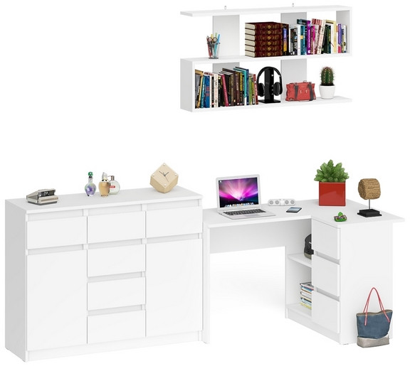 Мори компьютерный стол МС-16 правый + Комод МК1200.4 + Полка 1200, белый