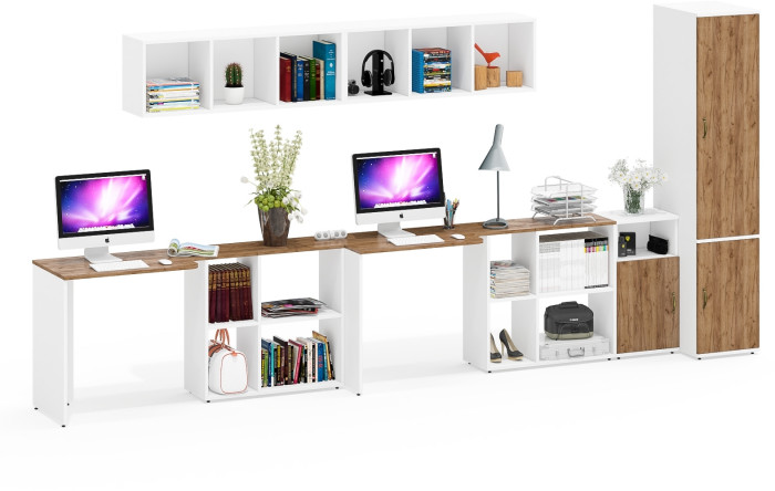 Лидер-8 Стол + Полка + Стол + Полка + Пенал МД 23Б + Тумба МД 3.19, цвет белый шагрень/крафт золото, 410х50х75/190 или 230х160/50х75/190, НЕ ун. сб.