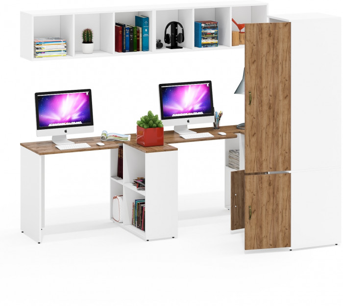 Лидер-8 Стол + Полка + Стол + Полка + Пенал МД 23Б + Тумба МД 3.19, цвет белый шагрень/крафт золото, 410х50х75/190 или 230х160/50х75/190, НЕ ун. сб.