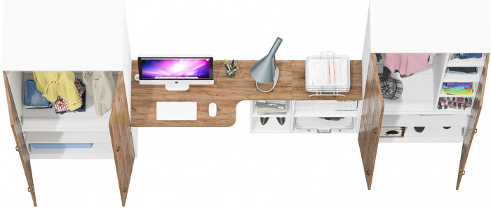 Лидер-8 Шкаф МД 20Б + Стол + Шкаф МД 19Б, цвет белый шагрень/крафт золото, ШхГхВ 325х50/37,5х75/190 или 115х240/50х75/190 см., НЕ ун.сб.