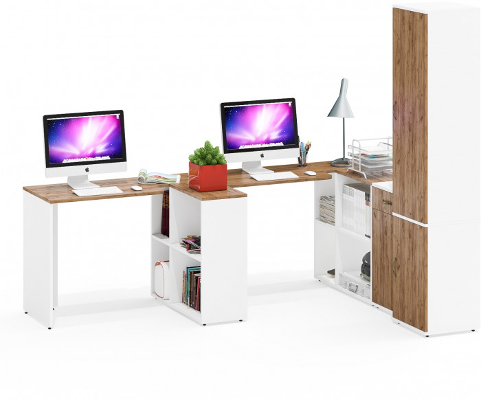 Лидер-8 Стол + Стол + Пенал МД 22Б + Тумба МД 3.15, цвет белый шагрень/крафт золото, ШхГхВ 410х50/37,5х75/190 или 230х160/50х75/190 см., НЕ ун. сб.