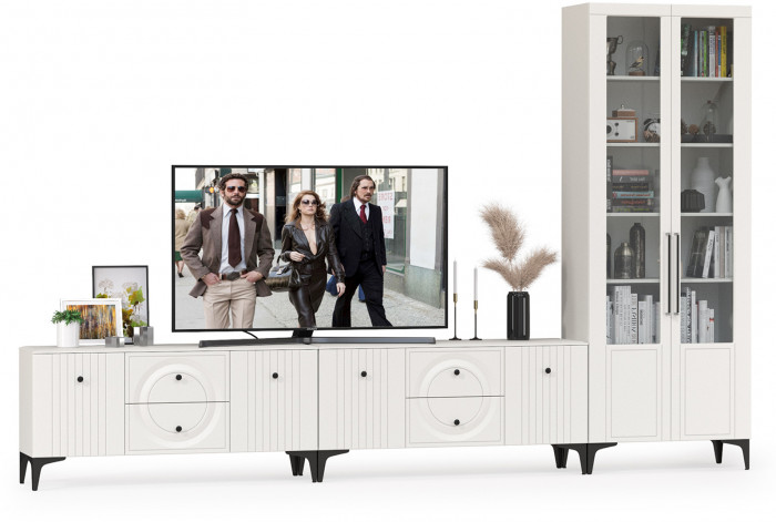 Валенсия Гостиная № 082, цвет ЛДСП белый шагрень/МДФ белый шагрень, ШхГхВ 350,3х38,3х225,2 см., универсальная сборка