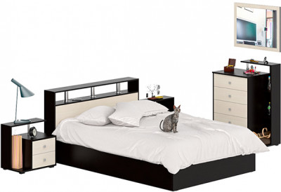 Камелия спальня № 5 Кровать 1400 + Две тумбы + Комод + Зеркало, венге/дуб лоредо