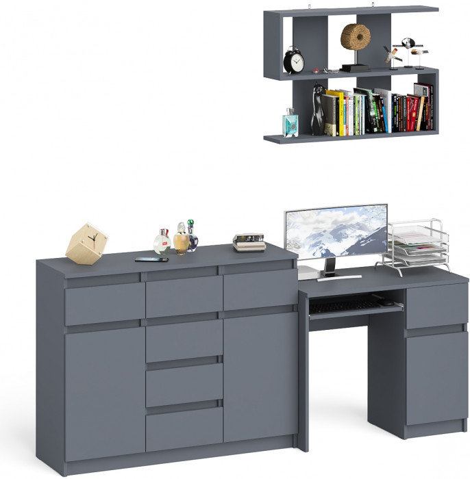 Мори компьютерный стол МС-1 правый + Комод МК1200.4 + Полка 900, графит