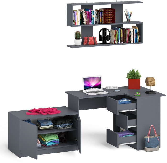 Мори компьютерный стол МС-16 правый + Тумба МА900.1 + Полка 1200, графит
